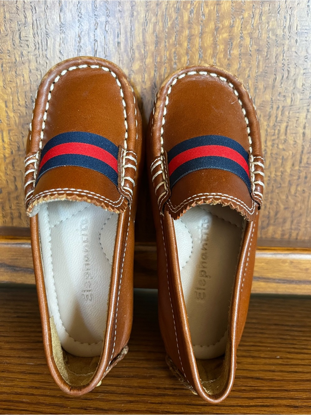 Brown Kids Slip-On Loafers with Navy and Red Stripe
